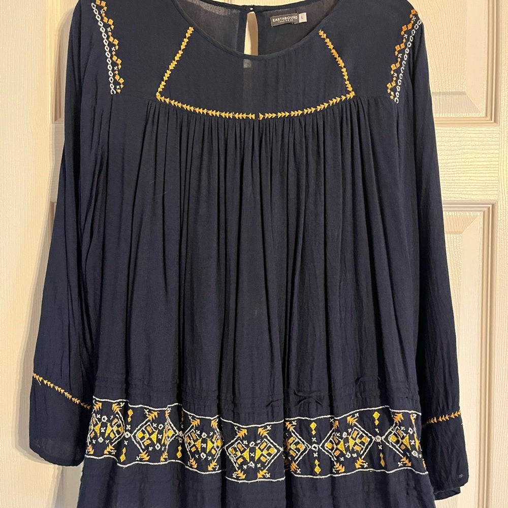 EARTHBOUND Blue and Gold Pleated Embellished Blouse